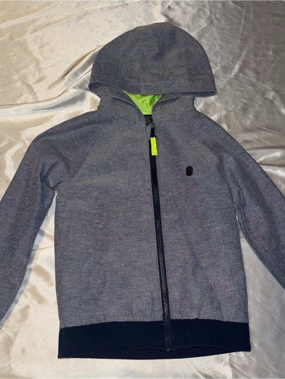 Gray Hooded Zip-Up Jacket with Lime Accent - Kids